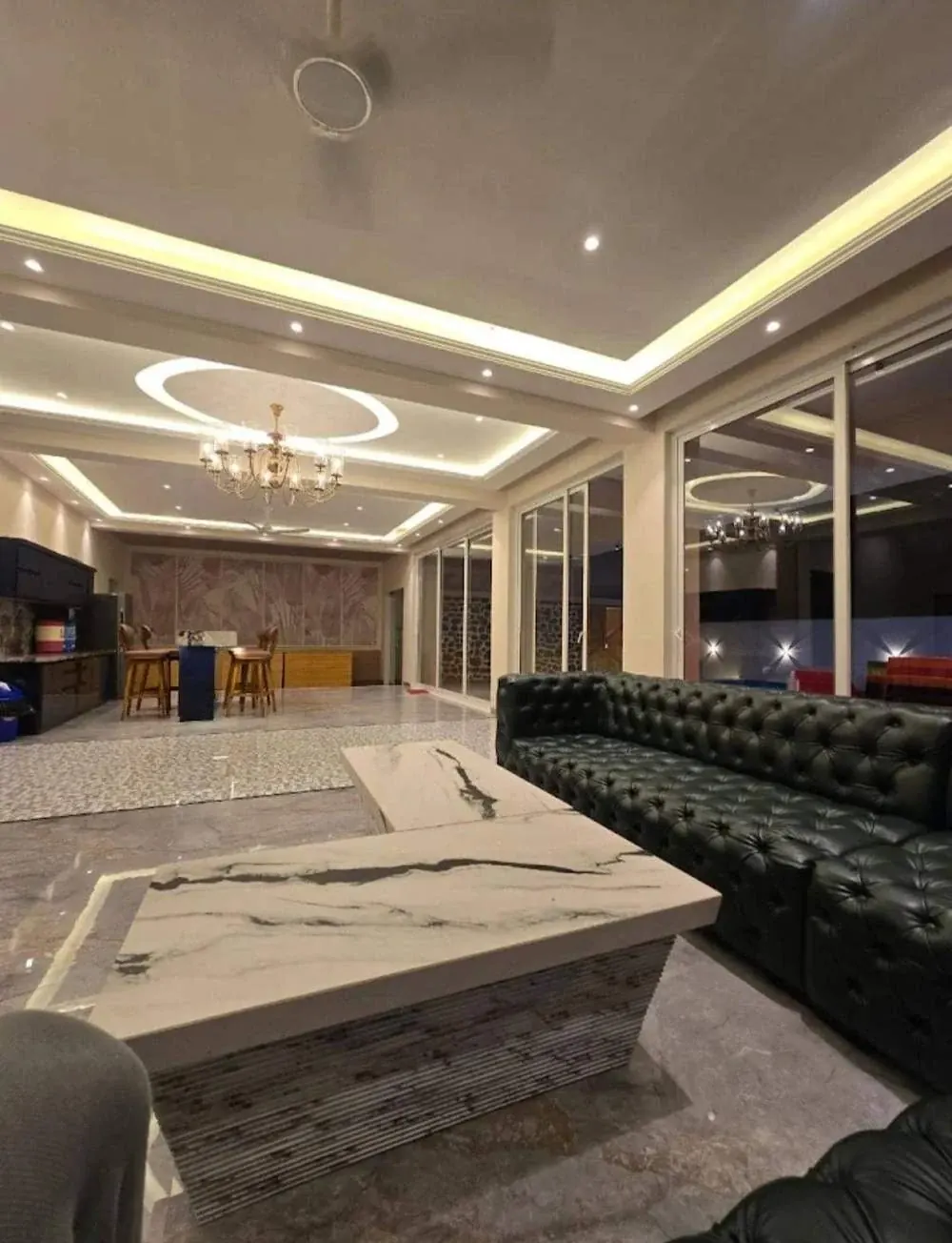 The living hall at night — Greenwood Villa, Igatpuri