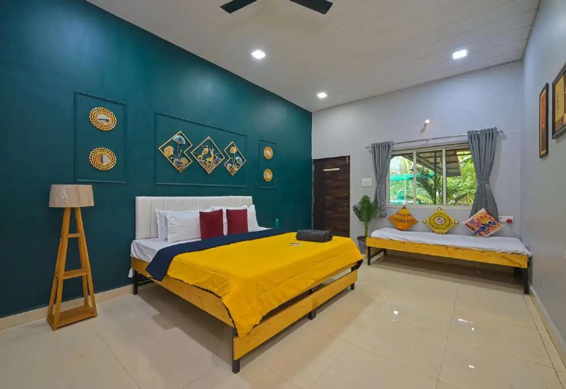 Teal bedroom — AC, attached washroom — Karvi Farm, Karjat