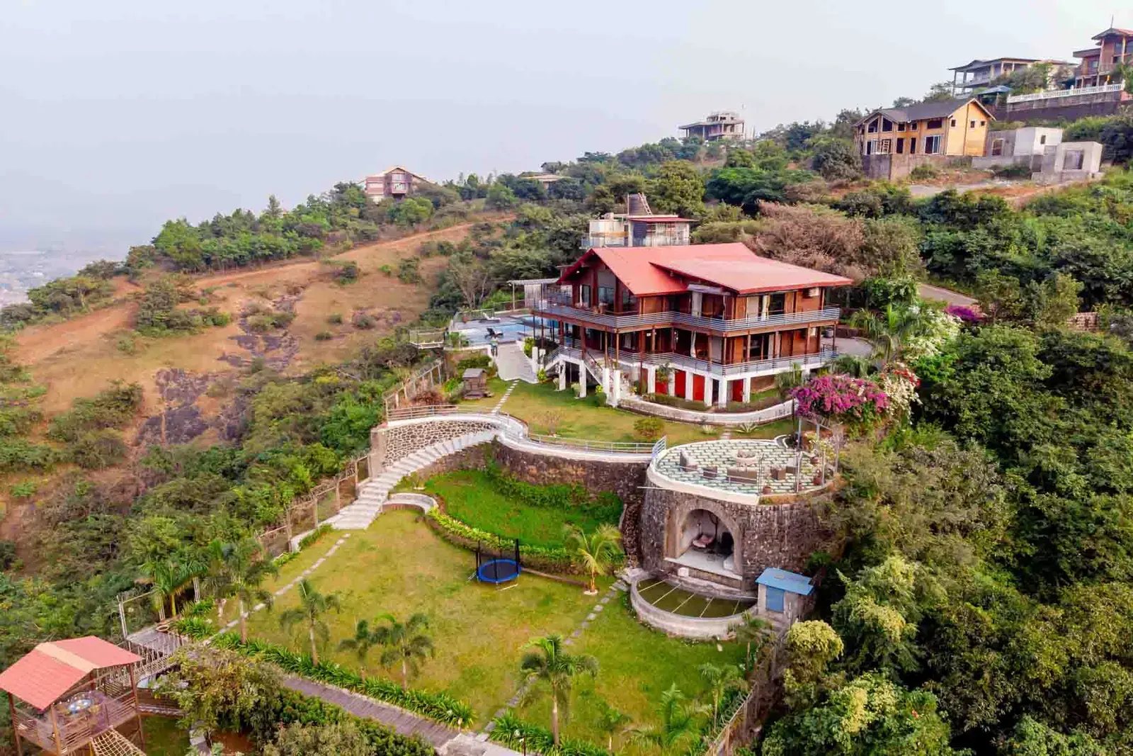 Aerial view of Mantra 147 villa and its terraced lawns near Pawna Lake — Mantra 147, Pawna Lake, Lonavala