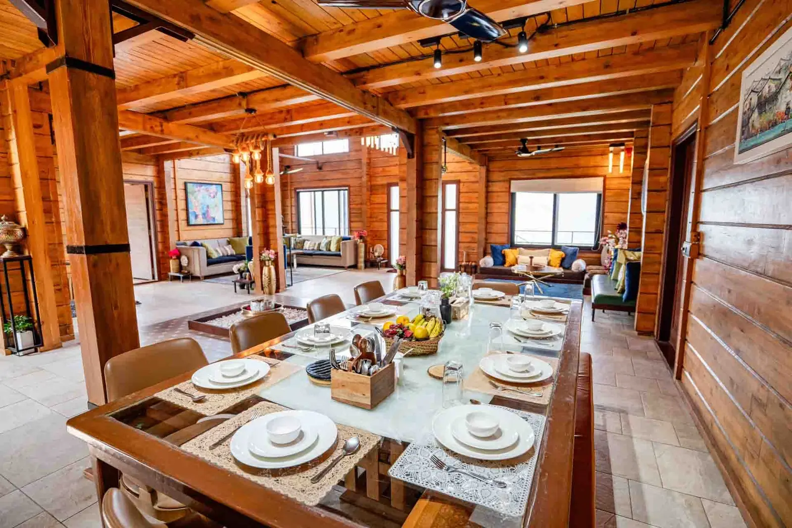 Long communal dining hall for the whole group — Mantra 147, Pawna Lake, Lonavala